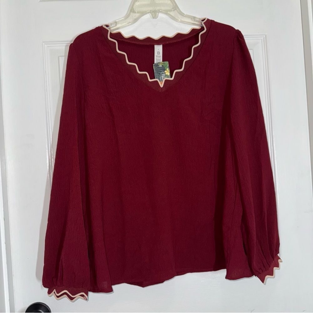 Chic Burgundy V-Neck Long Sleeve Women's Loose Fit Blouse with White Trim - Picture 2 of 7